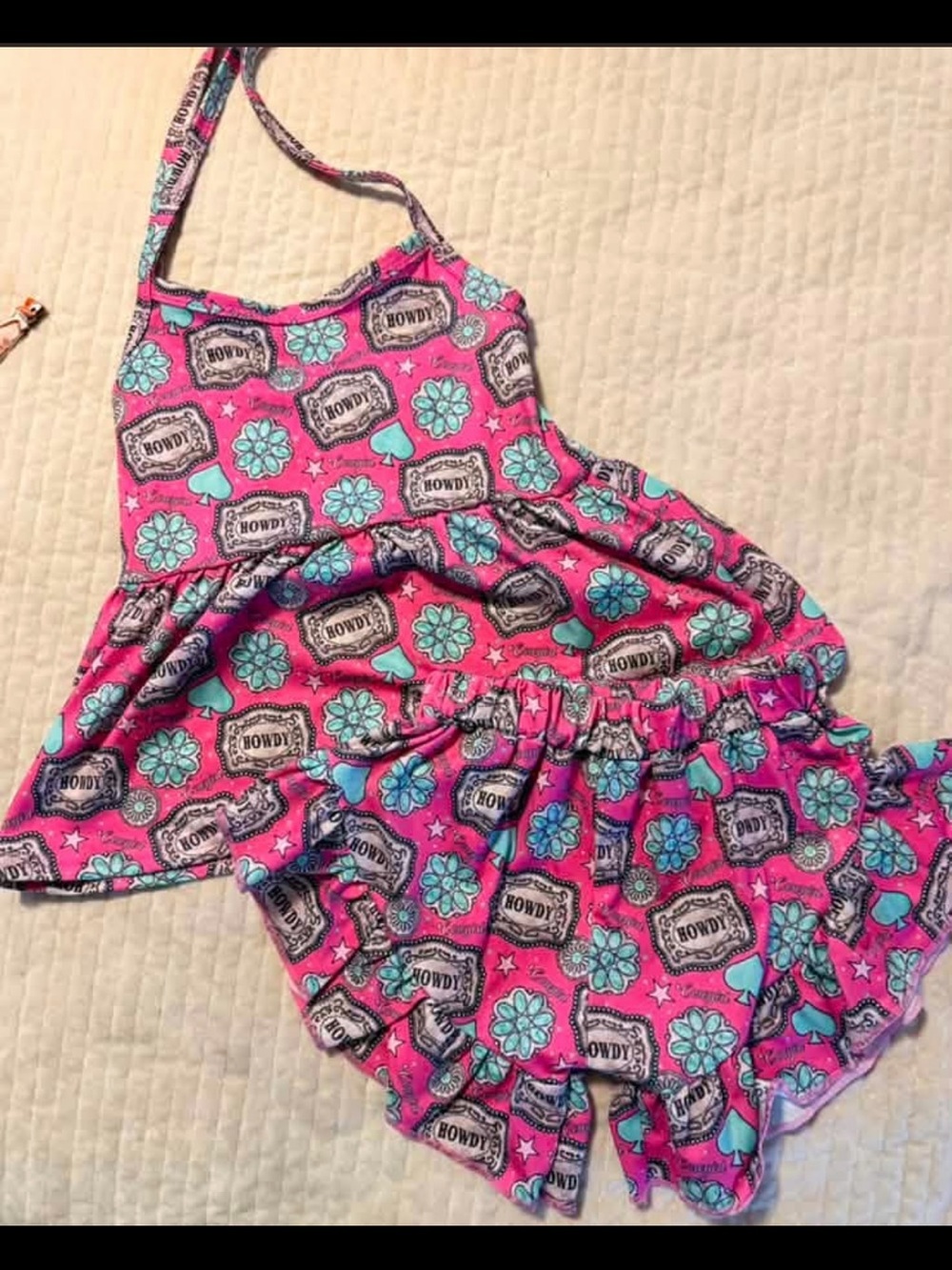Kids Pink Floral Print Ruffle Set halter top - handmade
